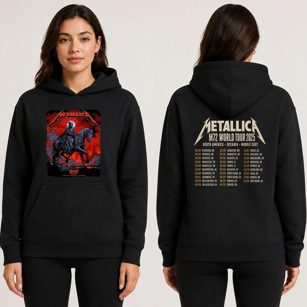 Metallica M72 World Tour November 1 2025 Optus Stadium Perth Australia 2 side T-shirt by Ken Taylor featuring a skeletal rider on a black horse, ghostly scythe rider, red smoke, skulls, rocks and M72 tour back print.